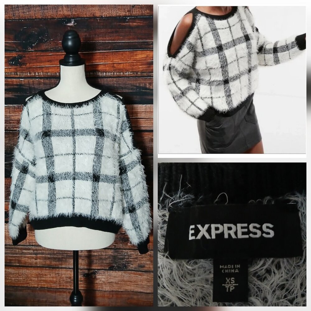 Express Sweater XS Slit Shoulder Black White Plaid Fuzzy Eyelash Knit